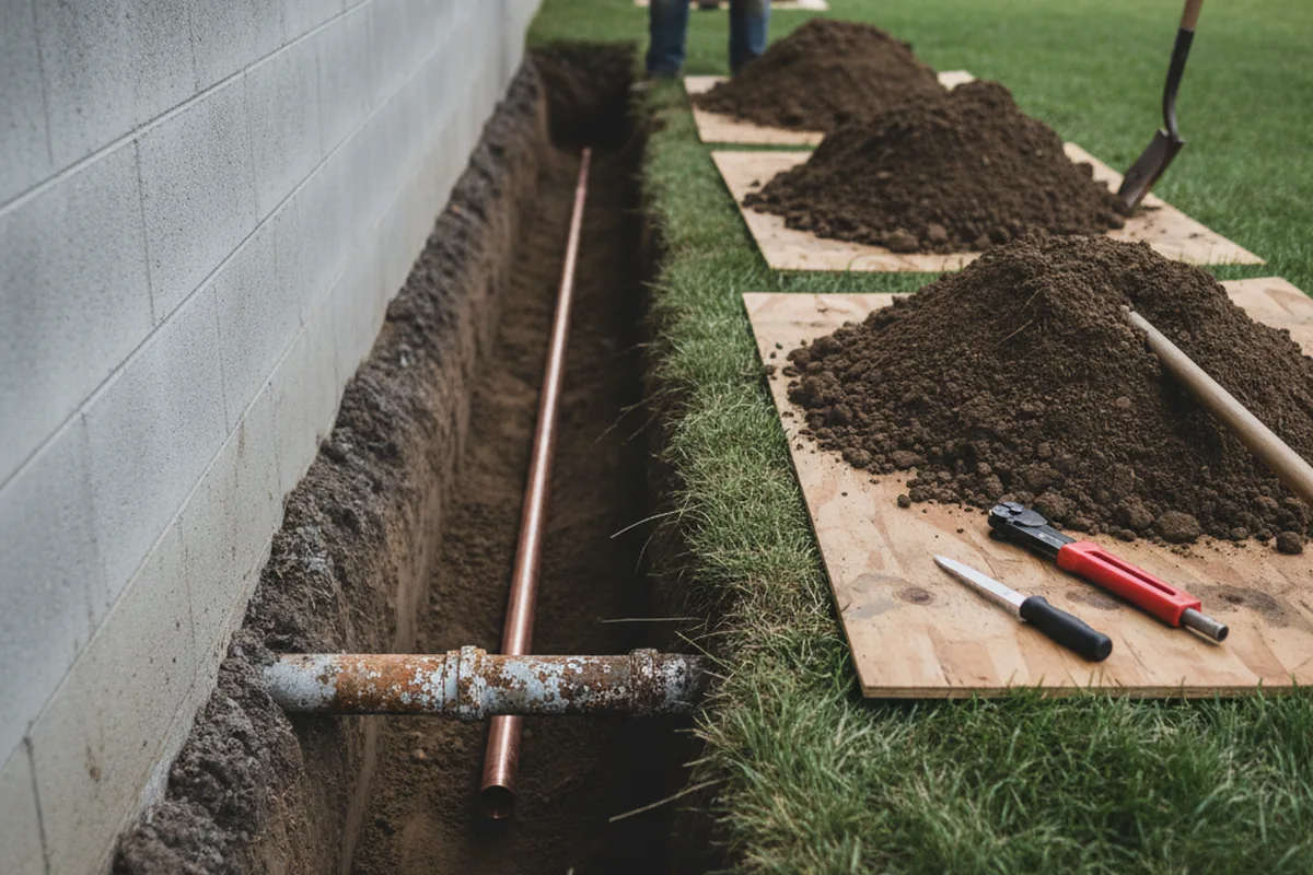 Excavated water line trench during Water Heater Repair in Bronson